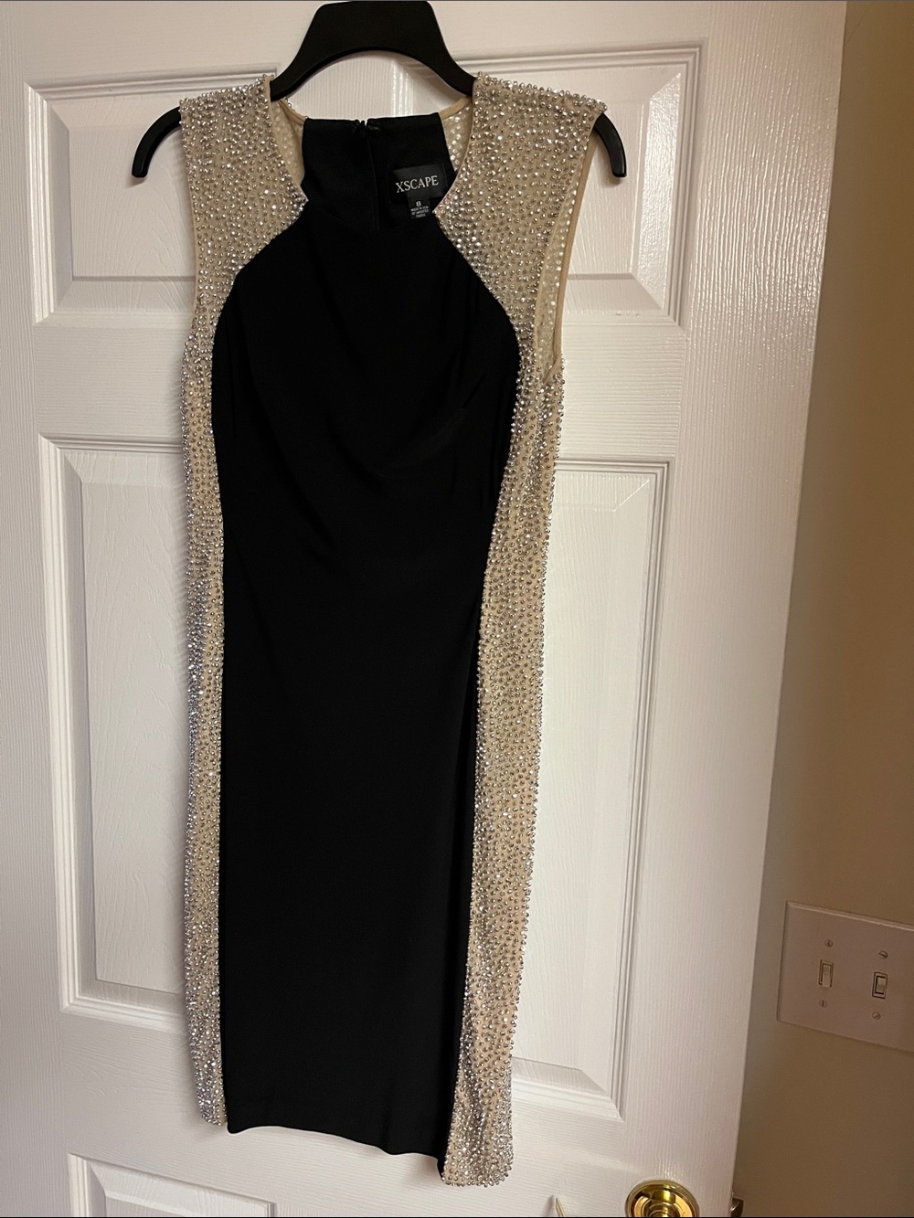 Xscape Black Midi Dress with Beaded Cream Panels- classy and sexy